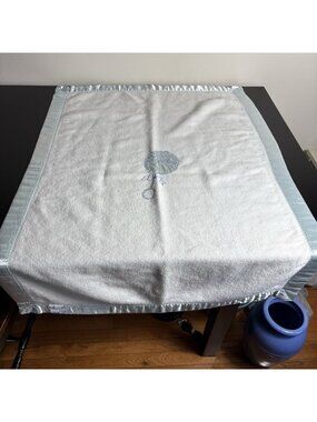 Vintage 80s QUILTEX Baby Blanket 'Our Baby' White Fleece Blue Satin Trim Rattle